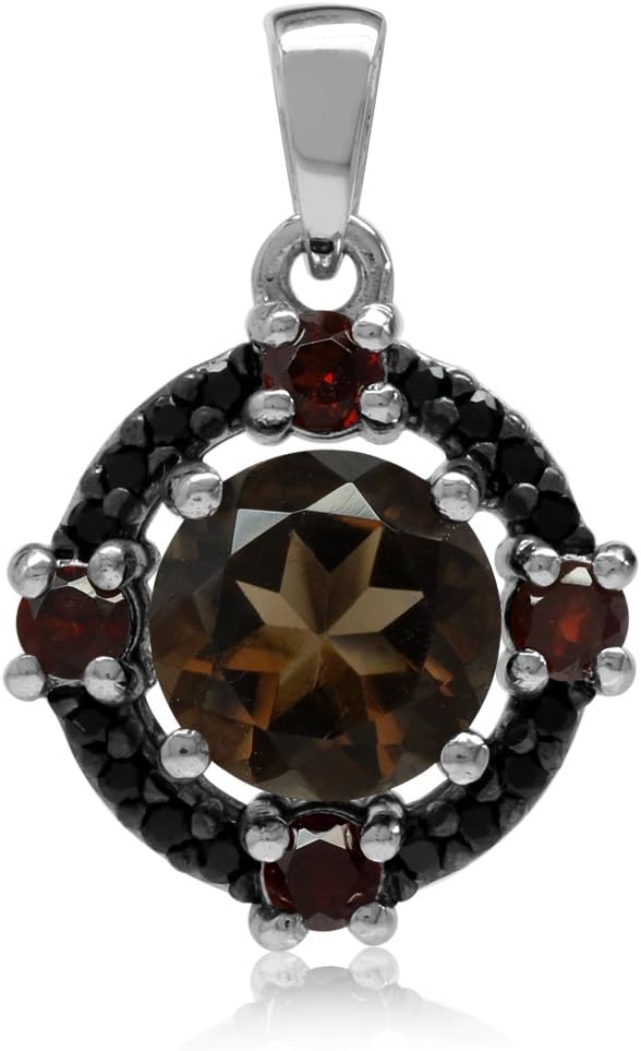 Silvershake Natural Round Shape Smoky Quartz Garnet and Black Spinel 925 Sterling Silver Pendant